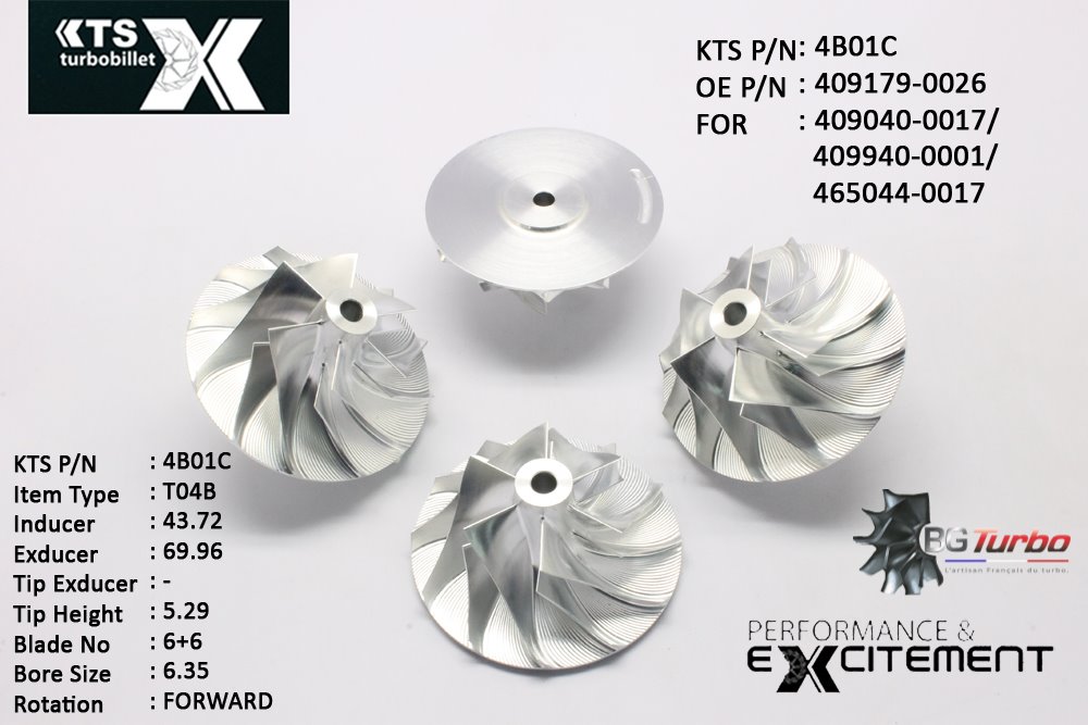 Turbo ROUE FORGÉE MFS PERFORMANCE - 6+6 PALES - INDUCER : 43,72 - EXDUCER : 69,96 - TYPE : T04BANGLE : 50° - ROTATION : Forward - SUPER BACK : 1,68 - BORE SIZE : 6,35
